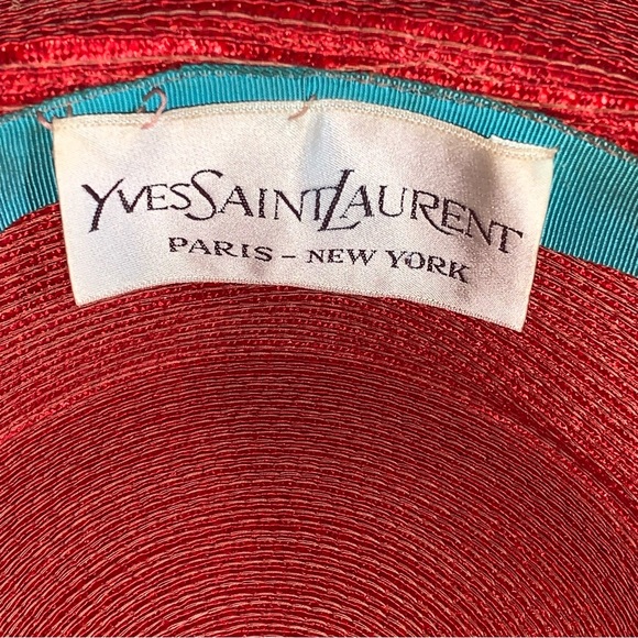 VINTAGE red straw/silk Delia hat SAINT LAURENT PARIS patent leather & silk trim - Picture 6 of 14